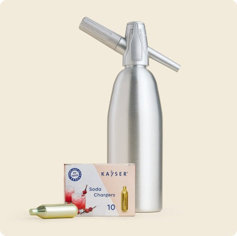 Bundle - Sparkle 1 Quart Aluminum Silver Soda Siphon + Kayser Seltzer Soda Chargers - Box of 10